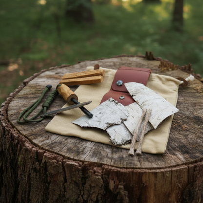 Profi Feuerstahl / Feuerstarter mit Zunder & Gürteltasche