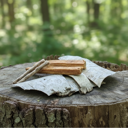 Natürlicher Zunder - Birkenrinde, Kienspan, gewachste Juteschnur